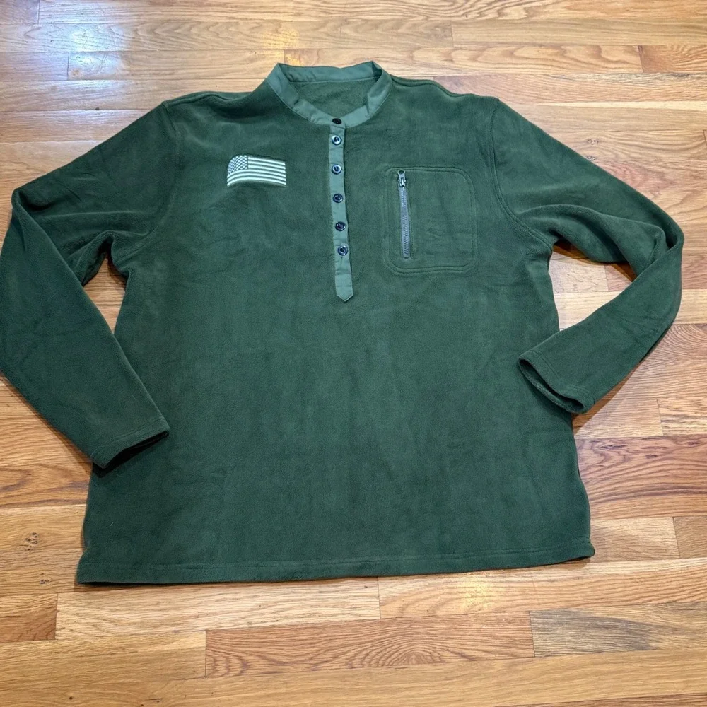Mens Military Forest Green Fleece Henley‎ Pullover American Flag Patch 3XL